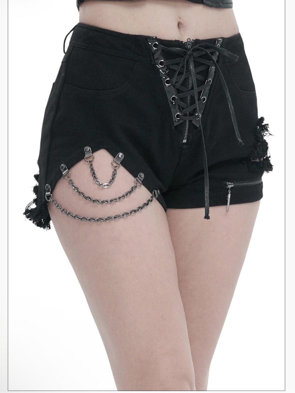Devil Fshion black distressed  denim shorts with chains & zipper size 8